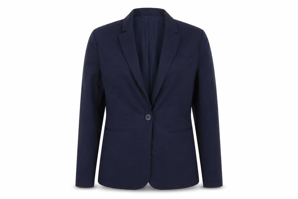 Front view of Marks & Spencer women’s blue jacket blazer, size UK 8, button