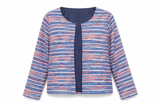 Front view of Anne De Lancay women’s blue striped jacket blazer, size M, button