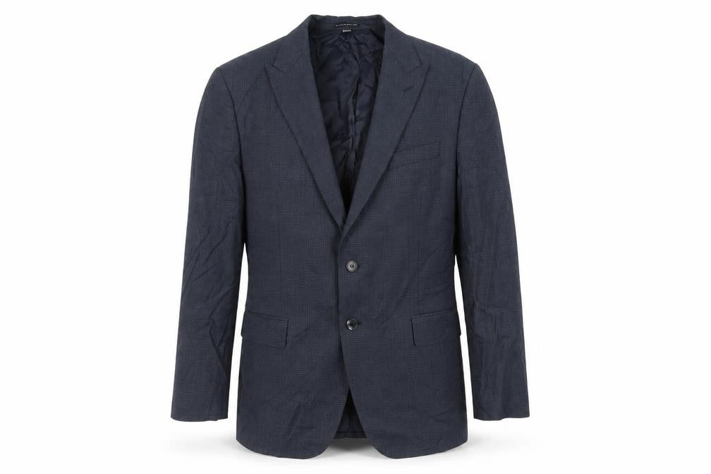 Front view of Marks & Spencer men’s blue geometric wool jacket suit jacket, size 44, regular