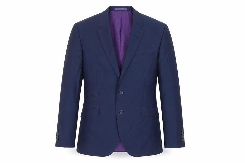 Front view of Marks & Spencer men’s blue striped polyester jacket suit jacket, size 44, regular