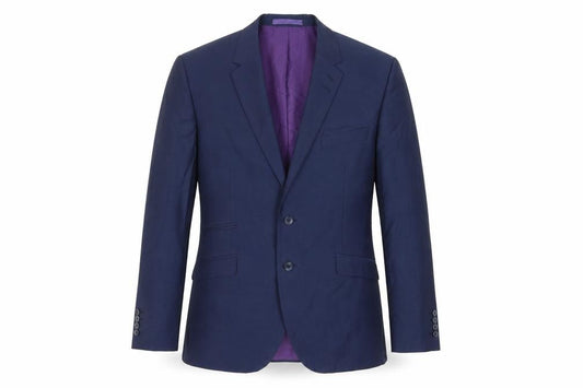 Front view of Marks & Spencer men’s blue striped polyester jacket suit jacket, size 44, regular