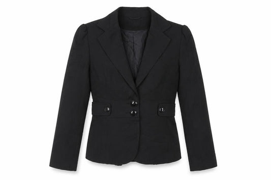 Front view of Yen London women’s black striped jacket blazer, size UK 12, button