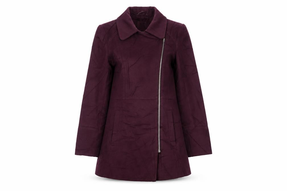 Front view of Debenhams women’s purple overcoat coat, size UK 8, zip