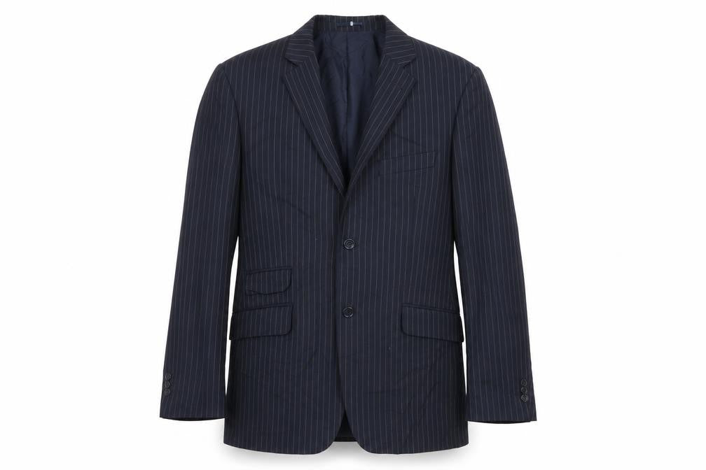 Front view of Burton men’s blue striped polyester jacket suit jacket, size 42, regular