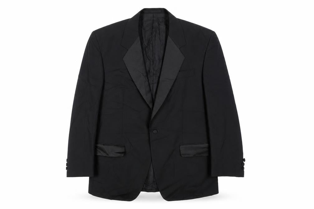 Front view of Varteks men’s black polyester tuxedo suit jacket, size 40, regular