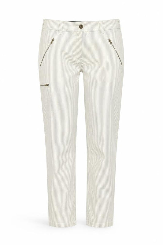 Front view of Next women’s beige striped cotton trousers, size UK 12, 28-inch leg regular button