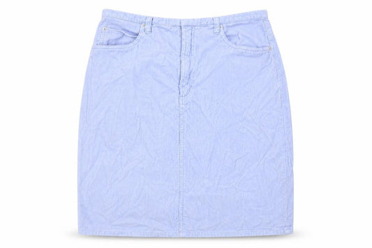 Front view of District women’s blue cotton a-line skirt, size UK 32, in hook & eye
