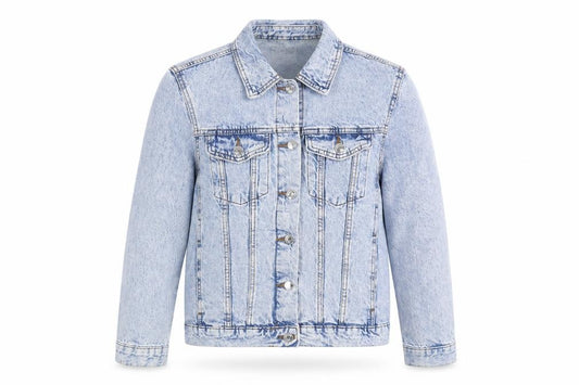 Front view of Denim & Co. women’s blue jacket, size UK 12, button