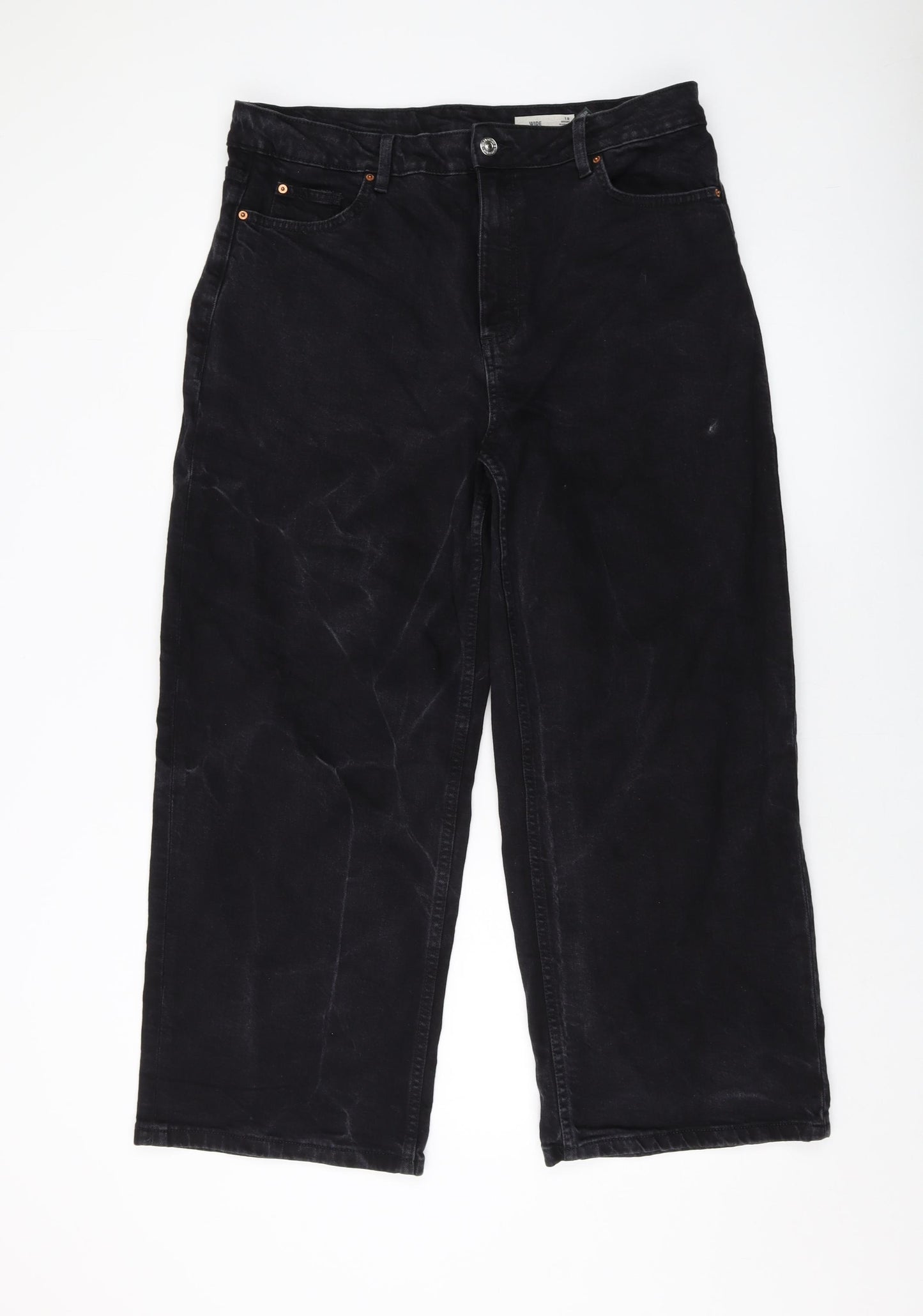 Marks and Spencer Womens Black Cotton Wide-Leg Jeans Size 18 L26 in Regular Button
