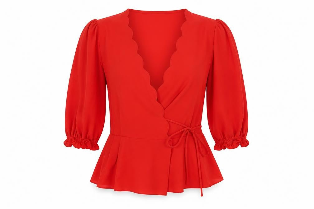 Front view of Topshop women’s red polyester wrap blouse, size UK 6, v-neck