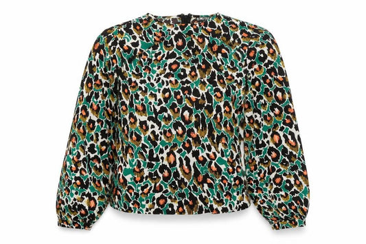 Front view of Girl in Mind women’s multicoloured animal print polyester basic blouse, size UK 8, round neck