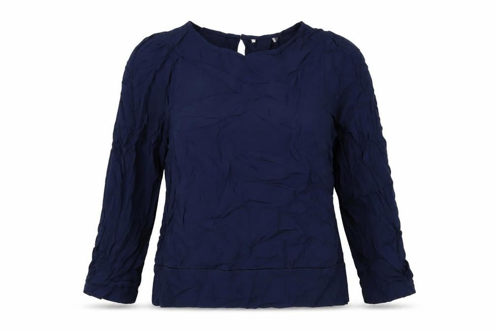 Front view of Marks & Spencer women’s blue viscose basic blouse, size UK 8, round neck