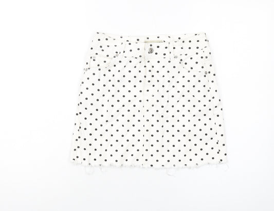 Topshop Womens Ivory Polka Dot Cotton Mini Skirt Size 8 Button