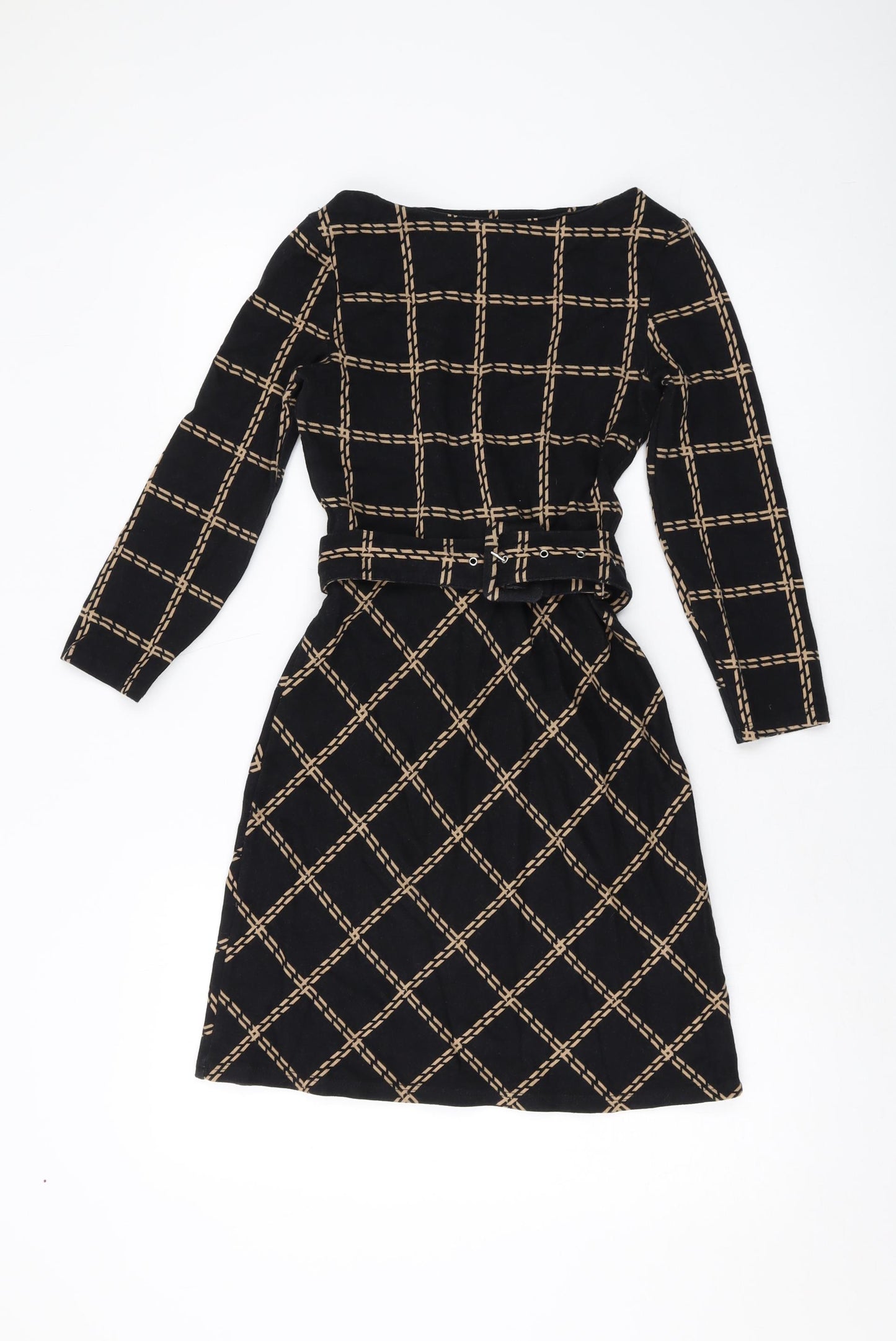 Warehouse Womens Black Plaid Cotton A-Line Size 6 Round Neck Pullover