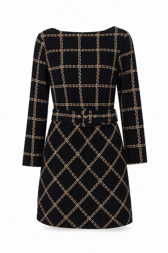 Front view of Warehouse women’s black plaid cotton a-line, size UK 6, round neck pullover