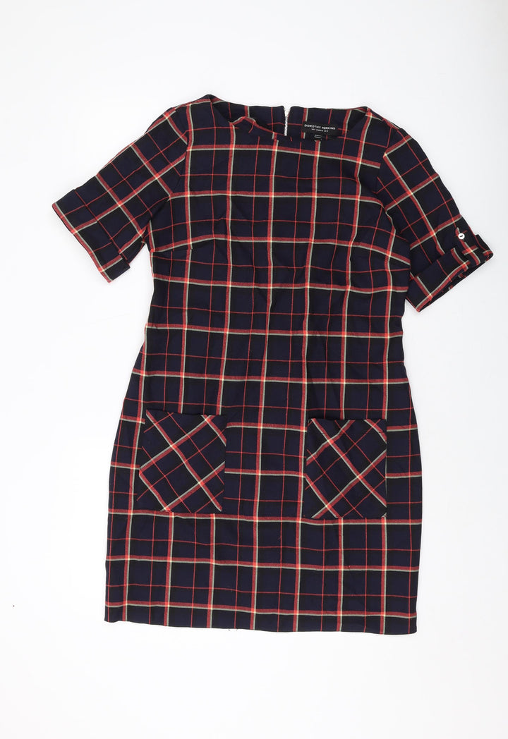 Dorothy Perkins Womens Blue Plaid Polyester A-Line Size 12 Round Neck Zip