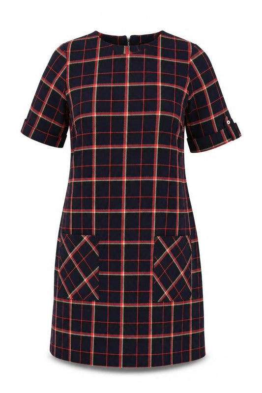 Front view of Dorothy Perkins women’s blue plaid polyester a-line, size UK 12, round neck zip