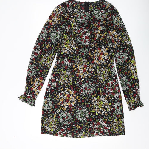Topshop Womens Black Floral Polyester Sheath Size 10 Round Neck Zip