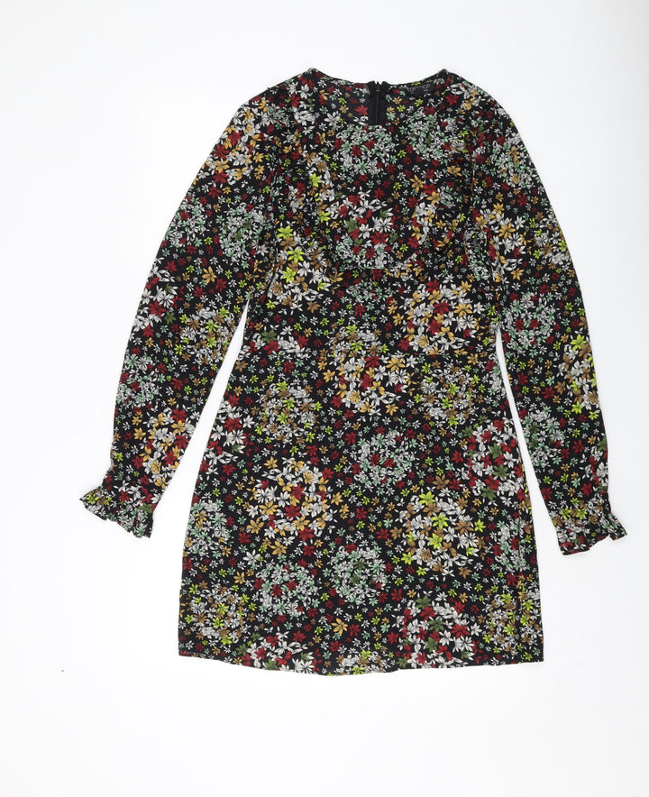 Topshop Womens Black Floral Polyester Sheath Size 10 Round Neck Zip