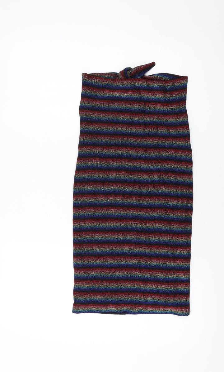 Topshop Womens Multicoloured Striped Nylon Bodycon Size 10 Square Neck Pullover