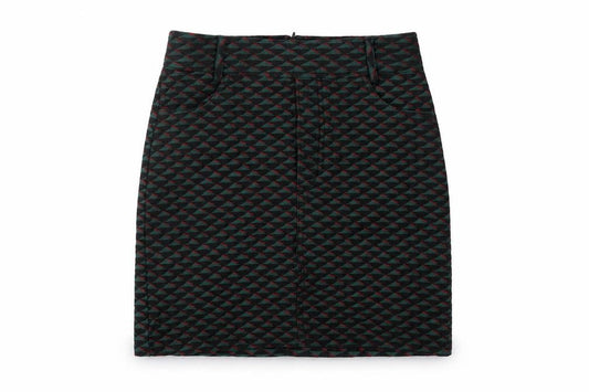 Front view of Bershka women’s green geometric polyester mini skirt, size M, zip