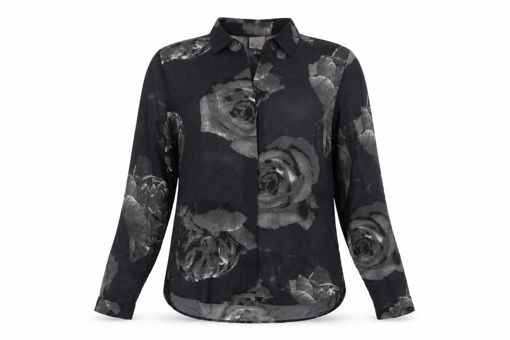 Front view of Vero Moda women’s black geometric polyester basic button-up, size S, collared