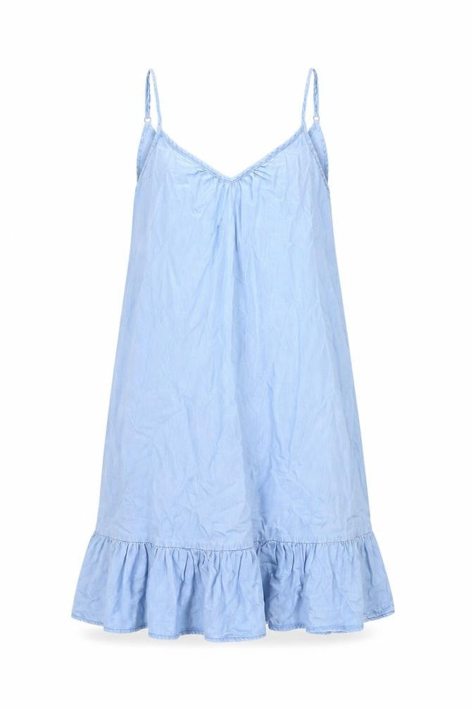 Front view of Denim & Co. women’s blue lyocell a-line, size UK 8, round neck pullover
