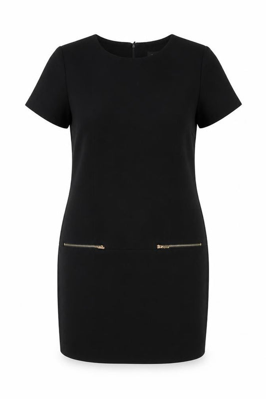 Front view of New Look women’s black polyester tank dress, size UK 12, round neck zip