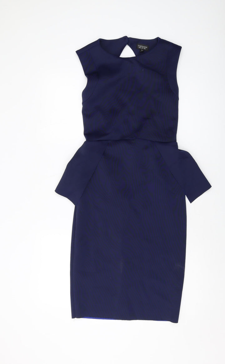 Topshop Womens Blue Polyester Bodycon Size 10 Round Neck Button