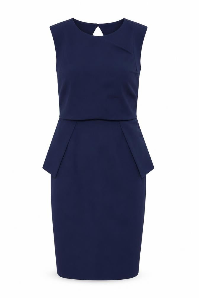 Front view of Topshop women’s blue polyester bodycon, size UK 10, round neck button