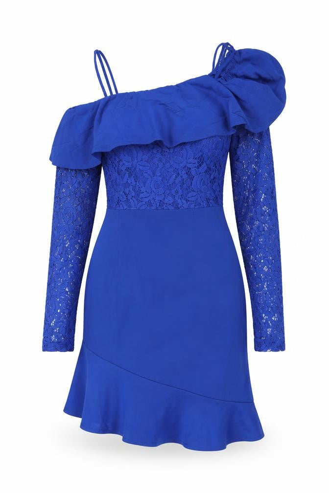 Front view of Naanaa women’s blue polyester mini, size UK 8, square neck pullover