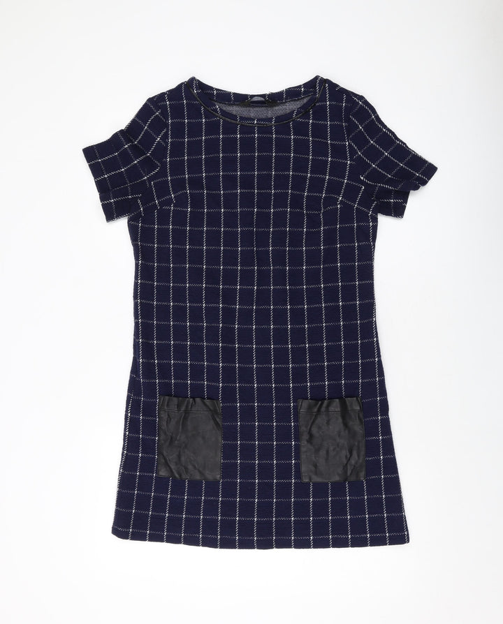 Dorothy Perkins Womens Blue Plaid Polyester A-Line Size 10 Round Neck Pullover
