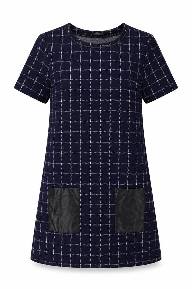 Front view of Dorothy Perkins women’s blue plaid polyester a-line, size UK 10, round neck pullover