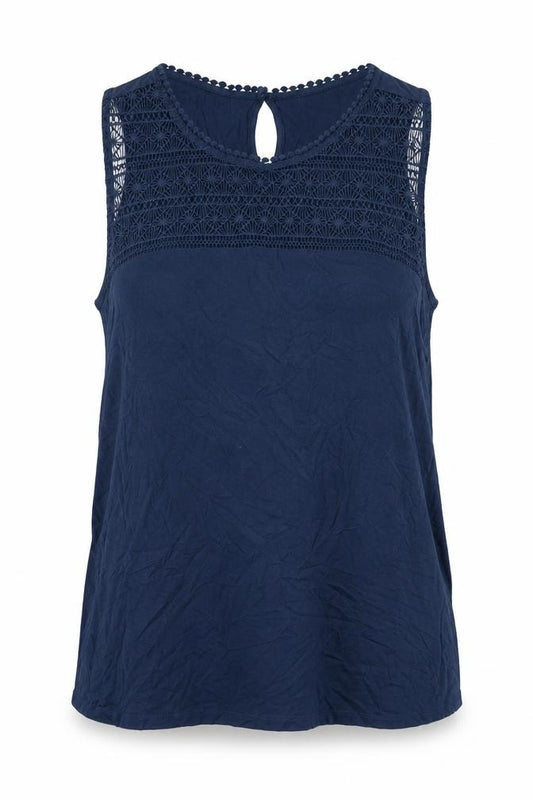 Front view of H&M women’s blue viscose camisole blouse, size L, round neck - lace detail
