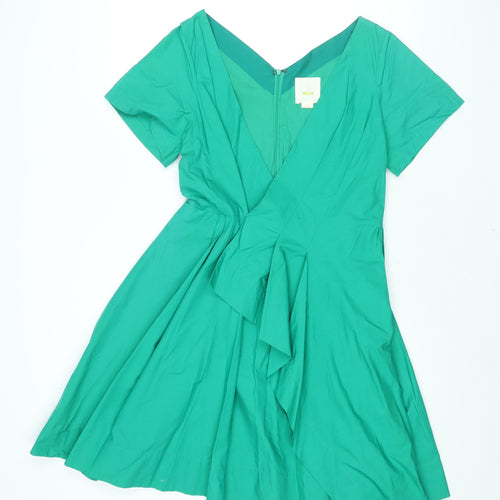 Maeve Womens Green Cotton A-Line Size 10 V-Neck Zip - Waterfall Frill Pleated
