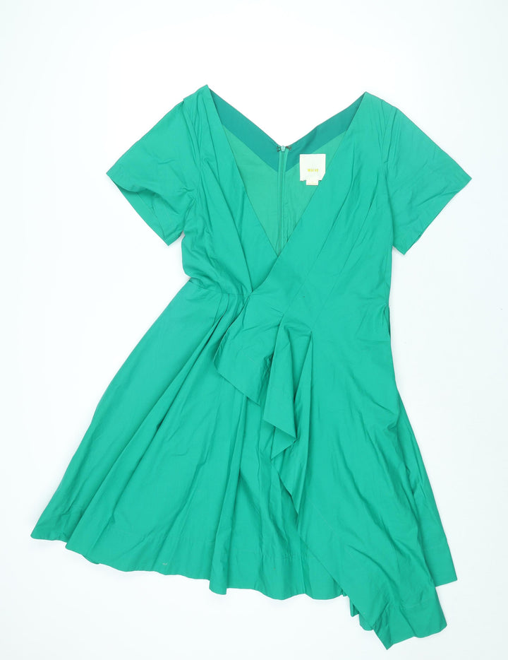 Maeve Womens Green Cotton A-Line Size 10 V-Neck Zip - Waterfall Frill Pleated