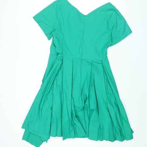 Maeve Womens Green Cotton A-Line Size 10 V-Neck Zip - Waterfall Frill Pleated