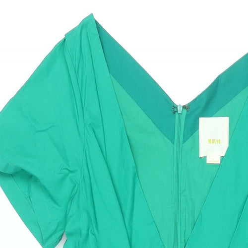 Maeve Womens Green Cotton A-Line Size 10 V-Neck Zip - Waterfall Frill Pleated