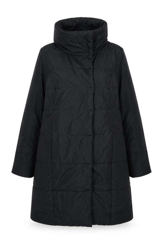 Front view of M&Co women’s black overcoat coat, size UK 14, zip