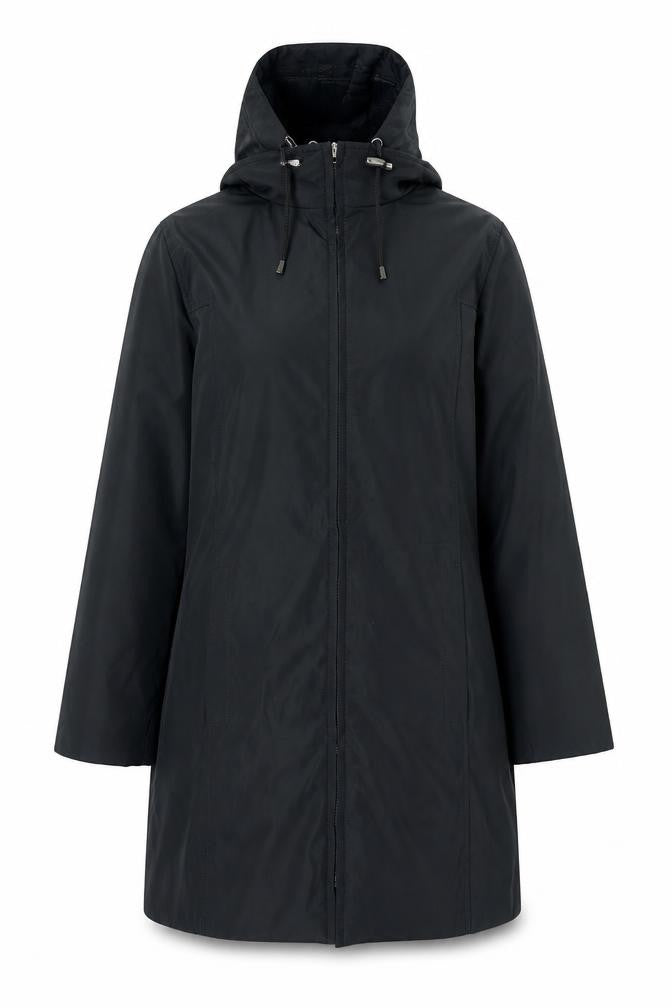 Front view of Rosetti women’s black parka coat, size UK 12, zip