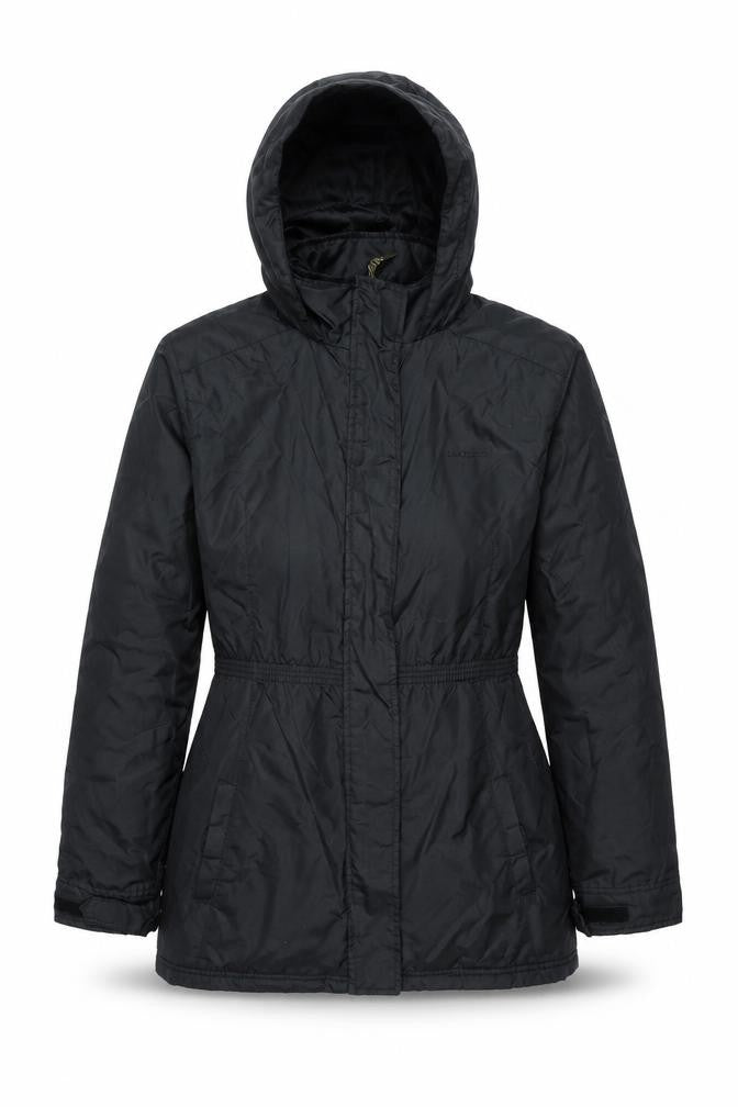Front view of LA Gear women’s black parka coat, size UK 12, zip - embroidered logo