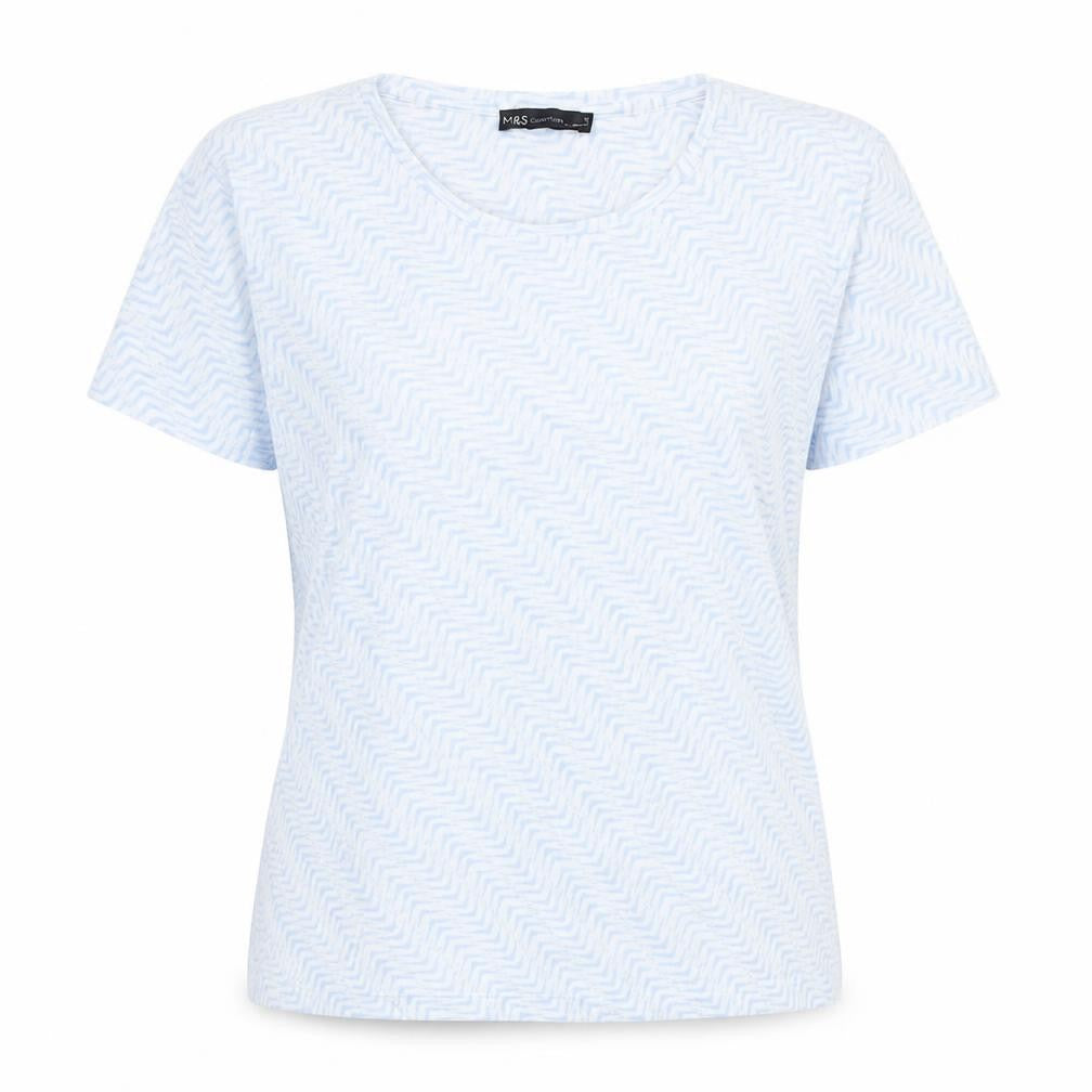 Front view of Marks & Spencer women’s blue geometric polyester basic t-shirt, size UK 12, round neck