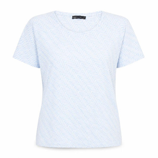Front view of Marks & Spencer women’s blue geometric polyester basic t-shirt, size UK 12, round neck
