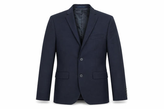 Front view of H&M men’s blue polyester jacket suit jacket, size 34, regular