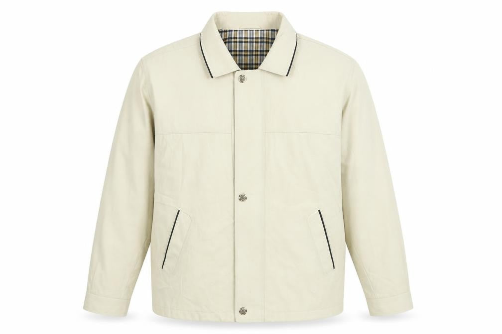 Front view of Essentials men’s beige jacket, size XL, zip - vintage