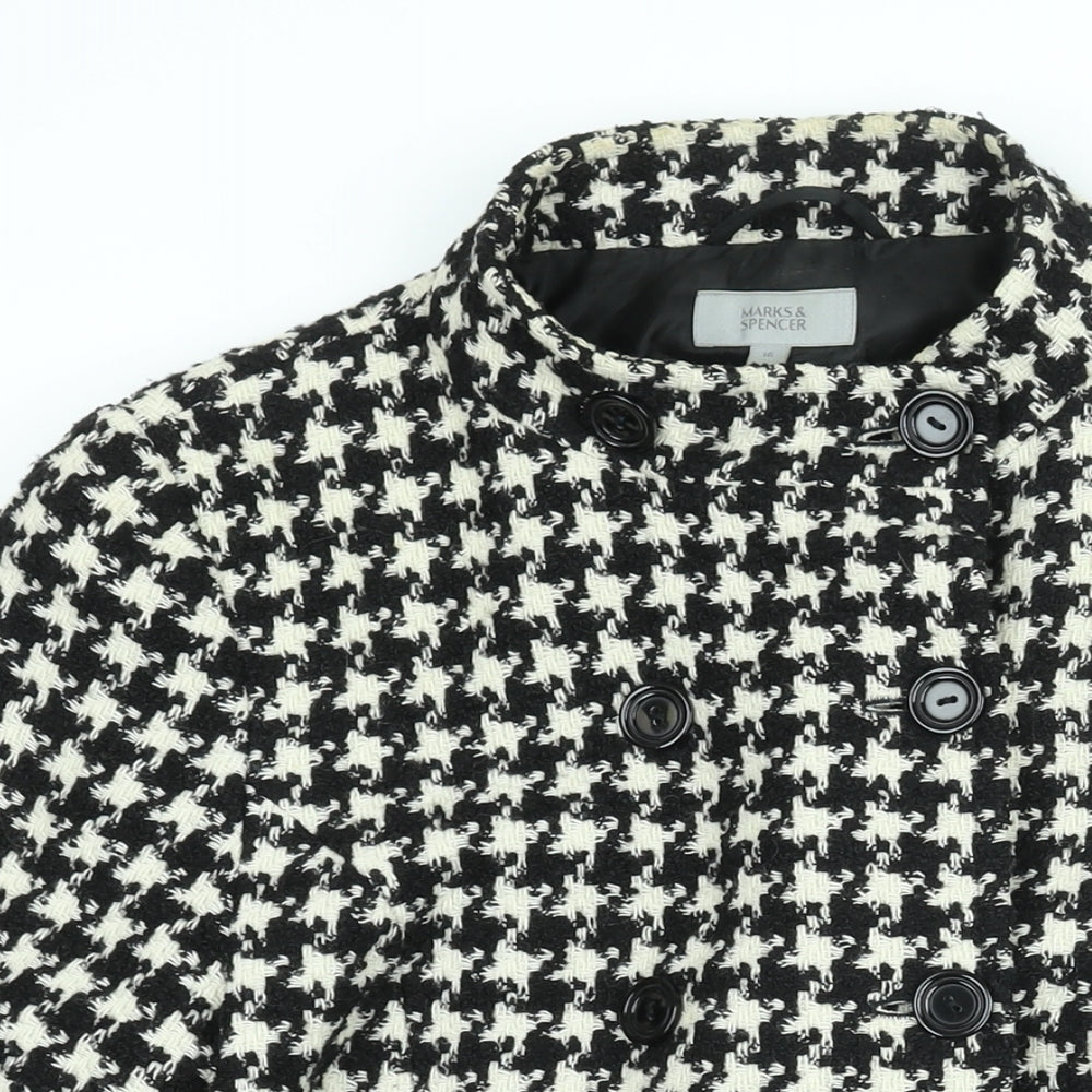 Marks and Spencer Womens Black Check Overcoat Coat Size 16 Button - Houndstooth