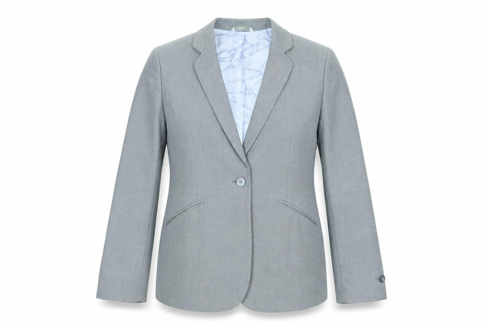 Front view of Marks & Spencer women’s blue jacket blazer, size UK 12, button