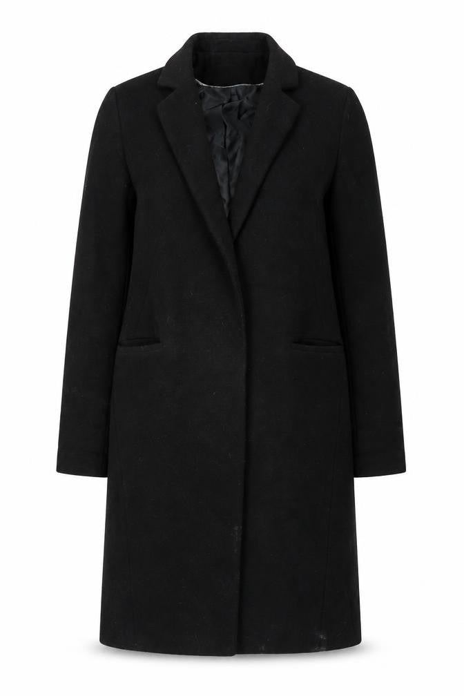 Front view of Marks & Spencer women’s black overcoat coat, size UK 8, snap
