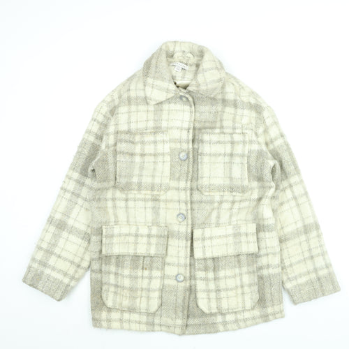 Topshop Womens Beige Plaid Pea Coat Coat Size XS Button