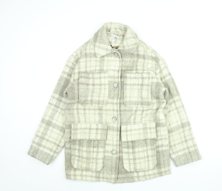 Topshop Womens Beige Plaid Pea Coat Coat Size XS Button